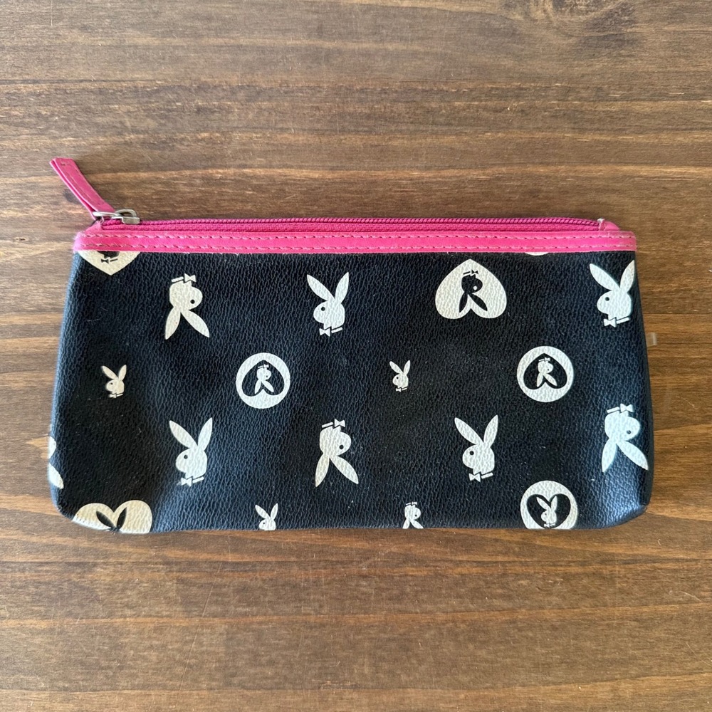 Playboy Bunny Print Cosmetic Bag Black Pink Faux Leather Makeup Pouch
